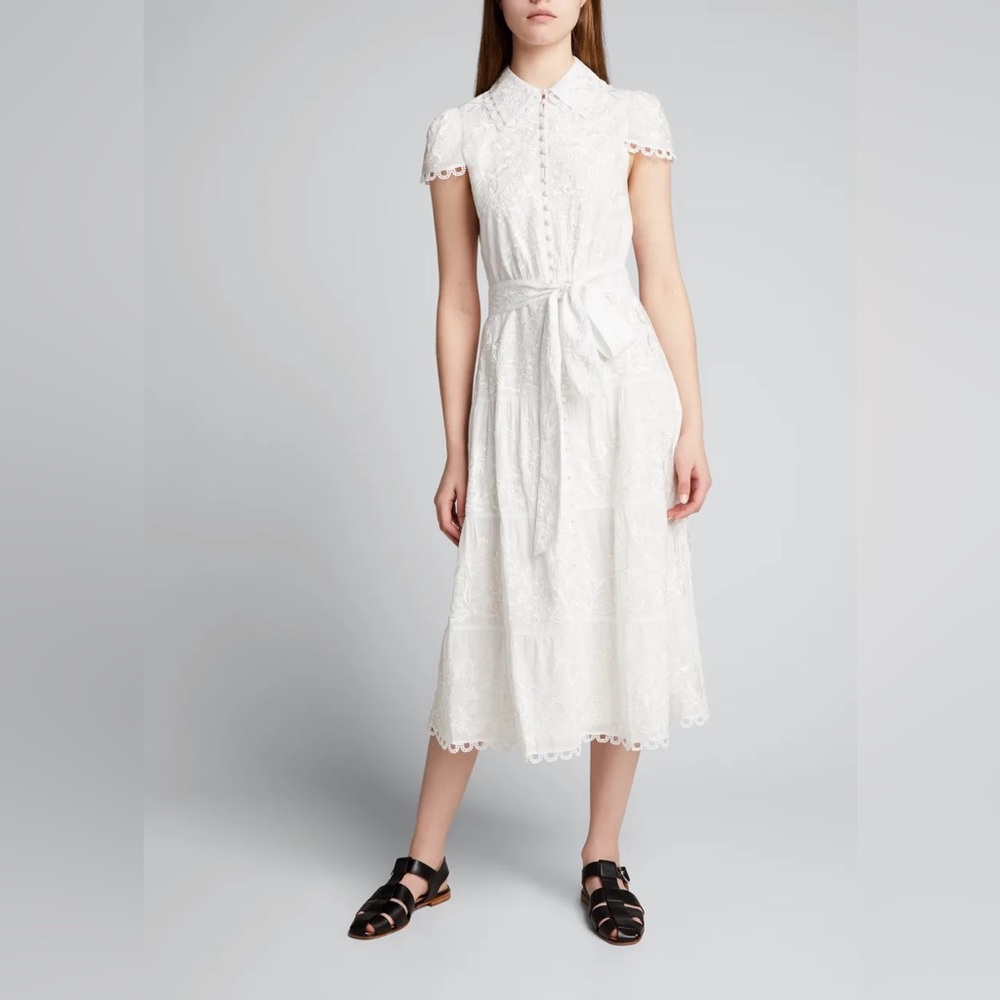 Alice + Olivia Vanessa White Crochet Trimmed Embroidered Cotton Midi Dress sz 0